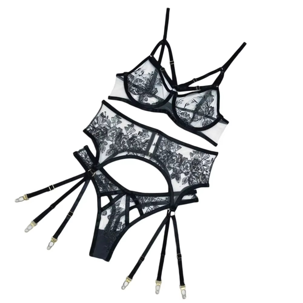 See-Through Bra Set for Women Patchwork Sexy Lingerie Flroal Black Bra Underwear Set Erotic Lingerie