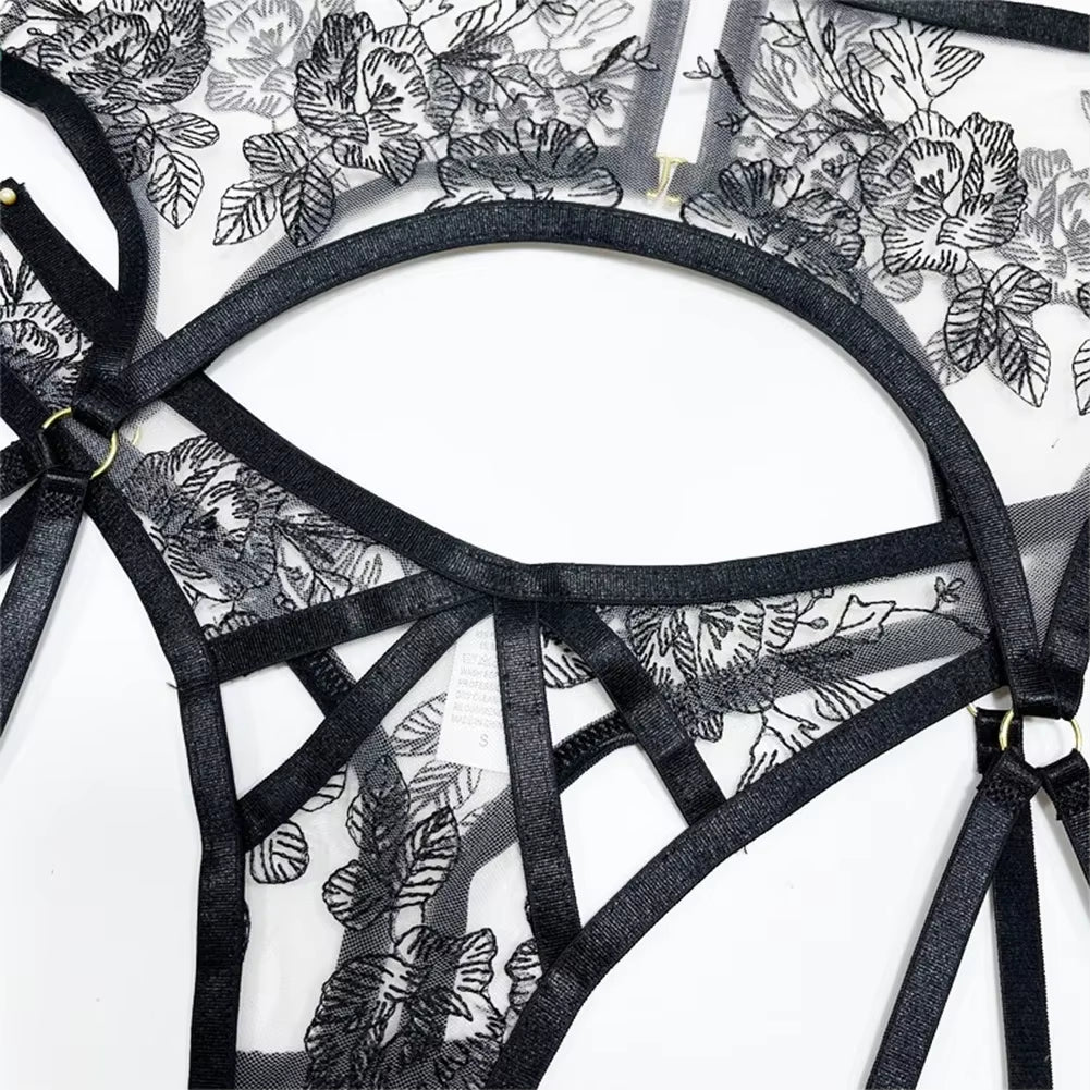 See-Through Bra Set for Women Patchwork Sexy Lingerie Flroal Black Bra Underwear Set Erotic Lingerie