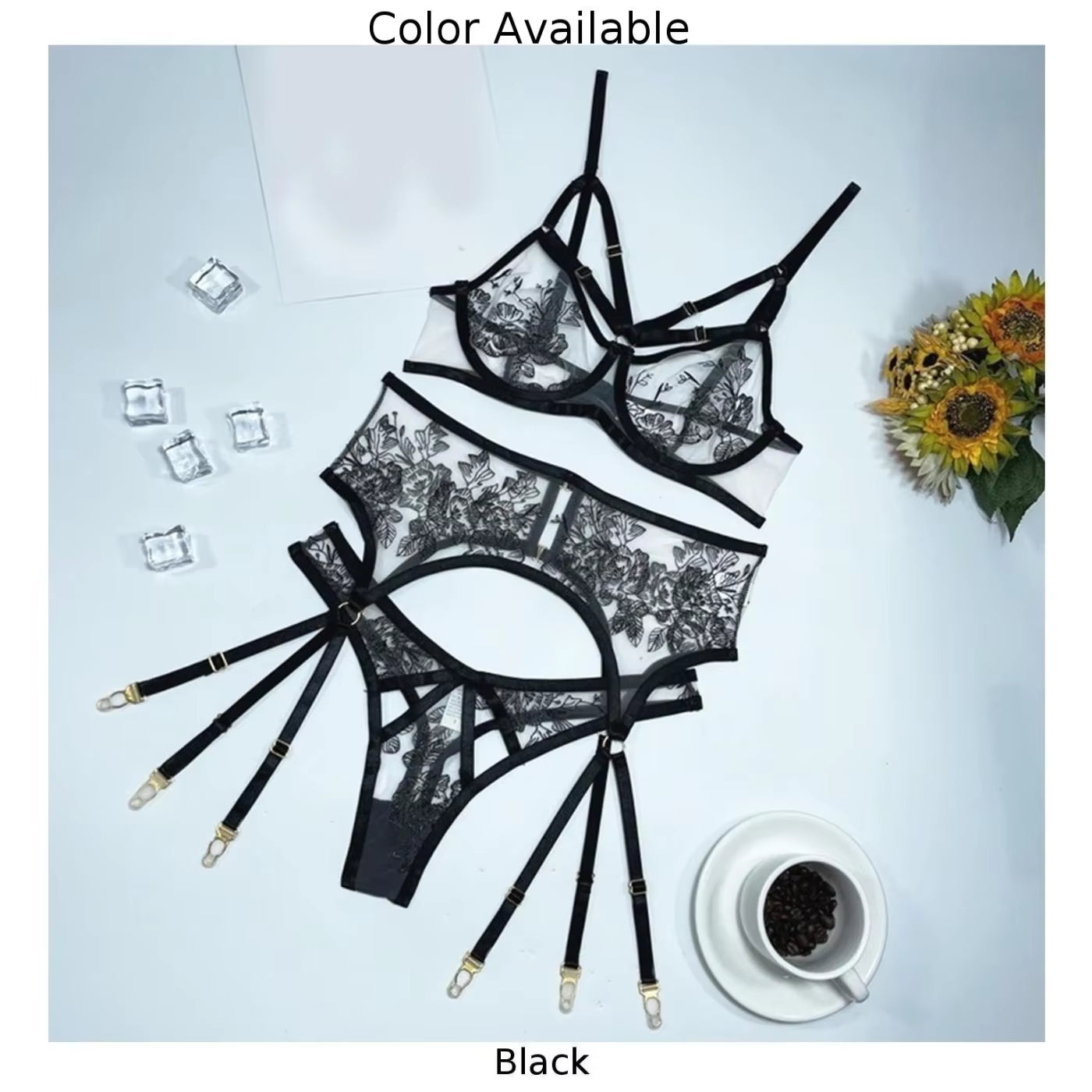 See-Through Bra Set for Women Patchwork Sexy Lingerie Flroal Black Bra Underwear Set Erotic Lingerie