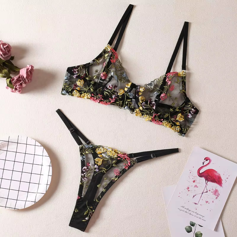 Sexy Lingerie Set Floral Transparent Lace Bra Panties Brassiere Women Underwear G-String Temptation Panty Lady Briefs