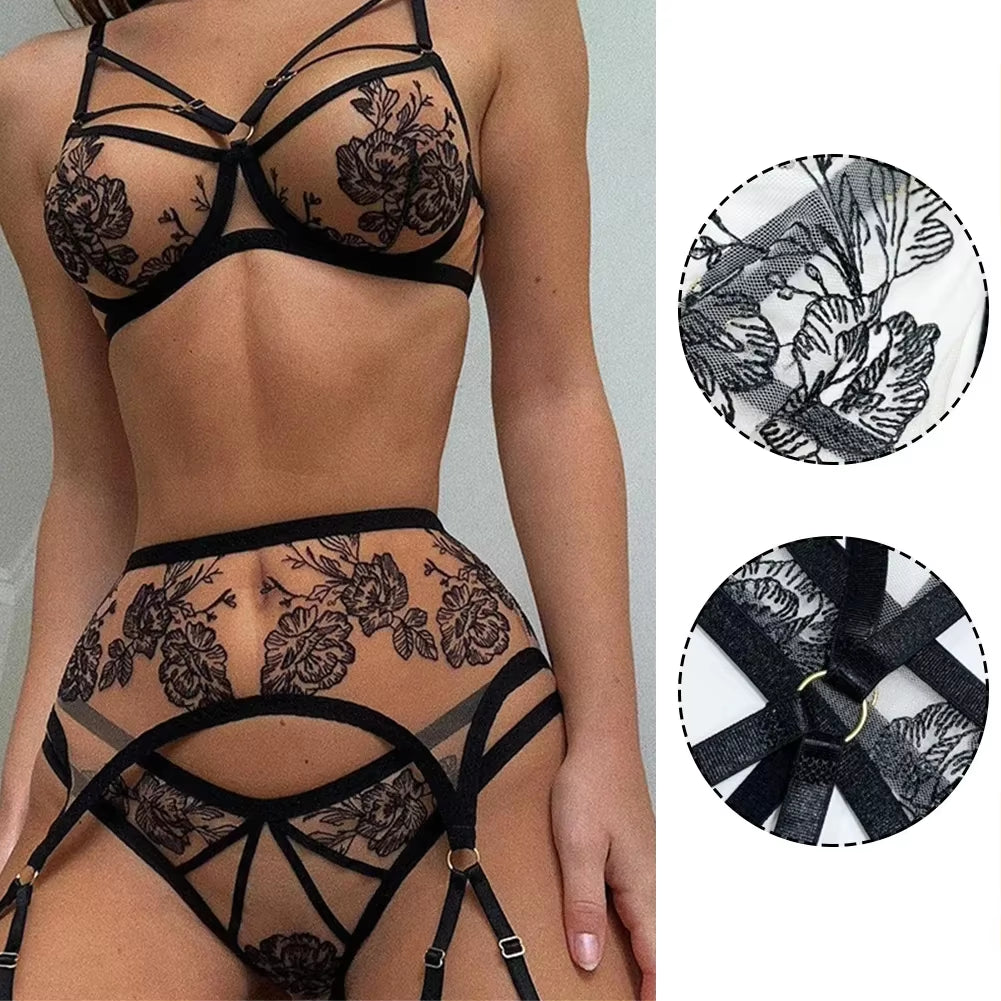 See-Through Bra Set for Women Patchwork Sexy Lingerie Flroal Black Bra Underwear Set Erotic Lingerie