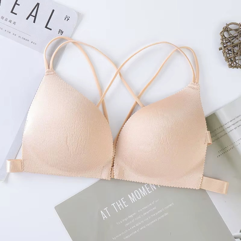 Women Front Buckle Wrapped Push up Bra Sexy Lingerie Beauty Back Bralettes Breathable Wireless Cross Shoulder Straps Brassiere