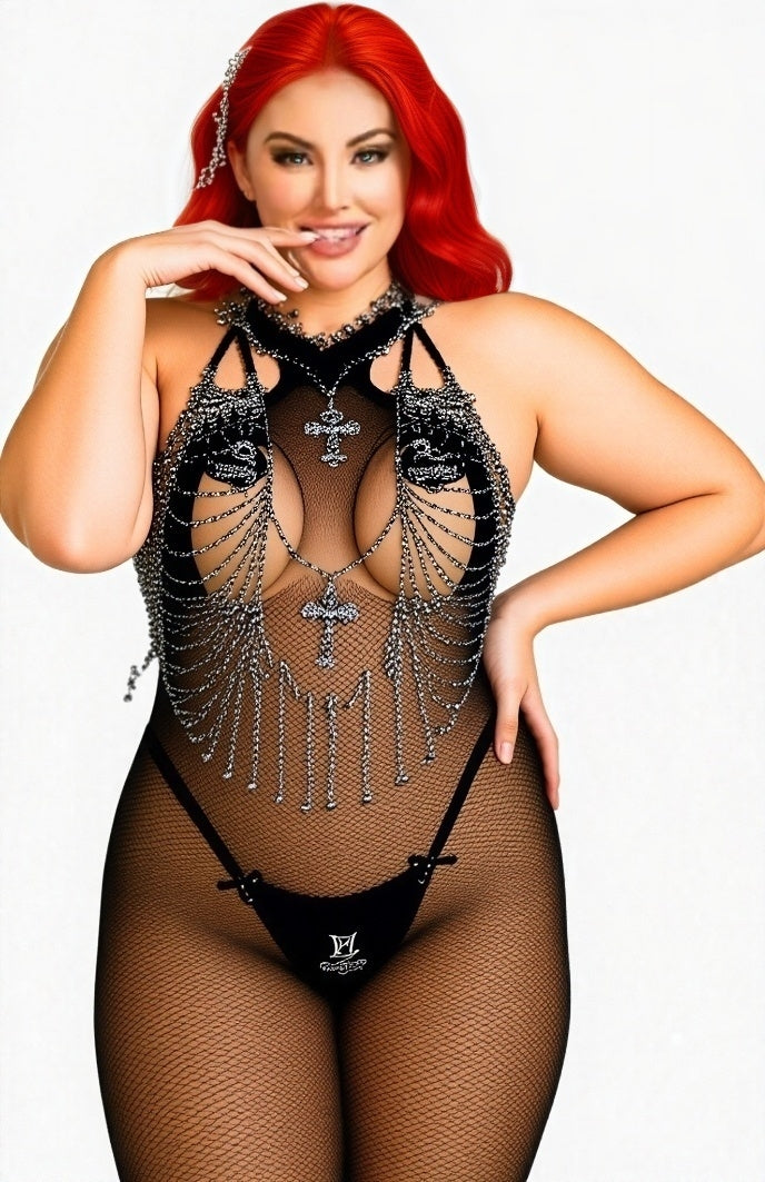 Goth Glam Fishnet 3-Piece Lingerie Set – Luxe Edition (One Size)