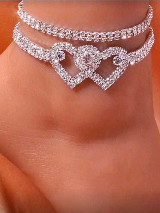 Double Heart Rhinestone Anklet – Silver