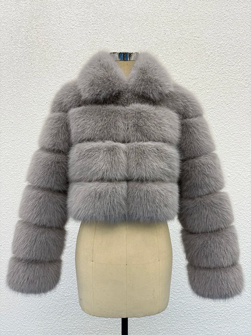 High Quality Cropped Fur Top FAUX Fox Fur Coat Woman Turn down Fur Collar Winter Fur Coats Woman Clothes Fluffy Jacket