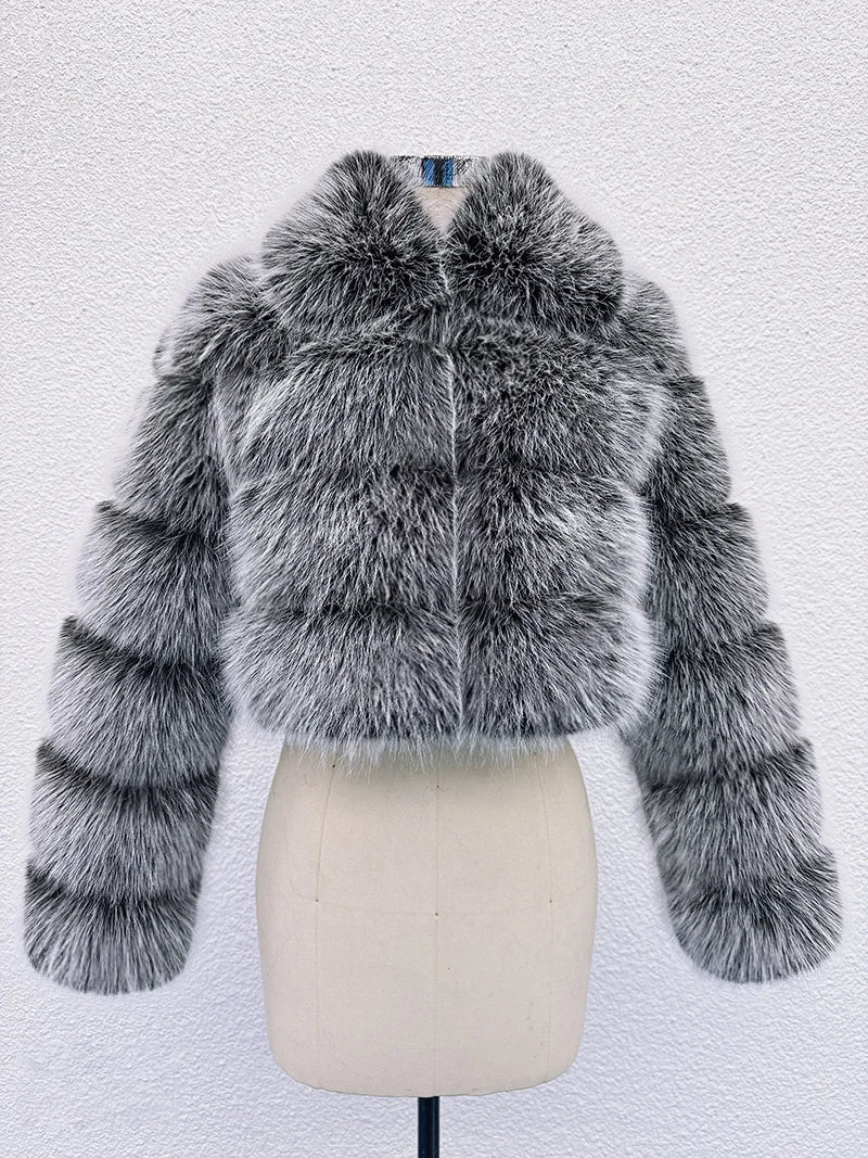 High Quality Cropped Fur Top FAUX Fox Fur Coat Woman Turn down Fur Collar Winter Fur Coats Woman Clothes Fluffy Jacket