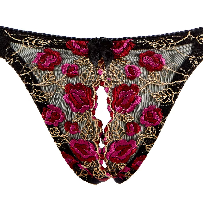 Women Sexy Underwear Exquisite Embroidery Flower Push up Open Bra Crotch Panty Set Temptation Cupless Thong Lingerie Set