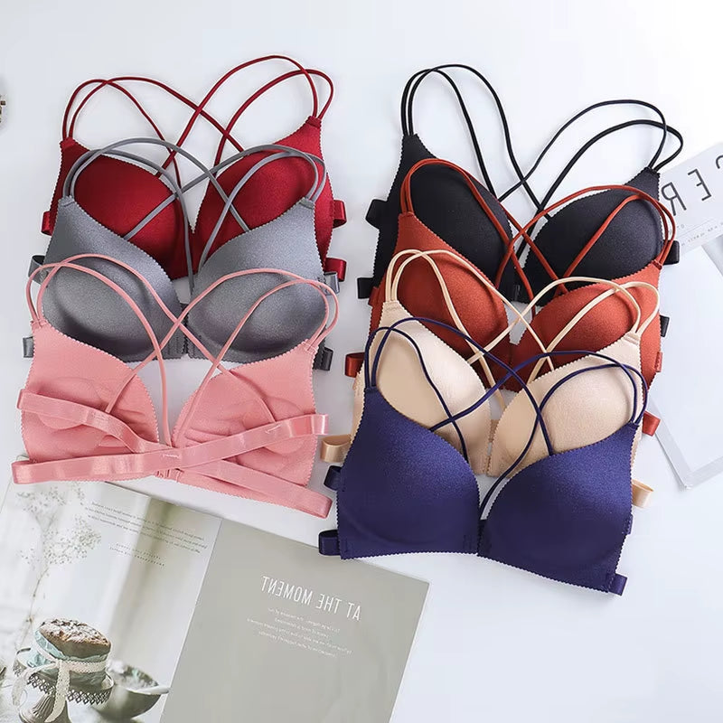 Women Front Buckle Wrapped Push up Bra Sexy Lingerie Beauty Back Bralettes Breathable Wireless Cross Shoulder Straps Brassiere