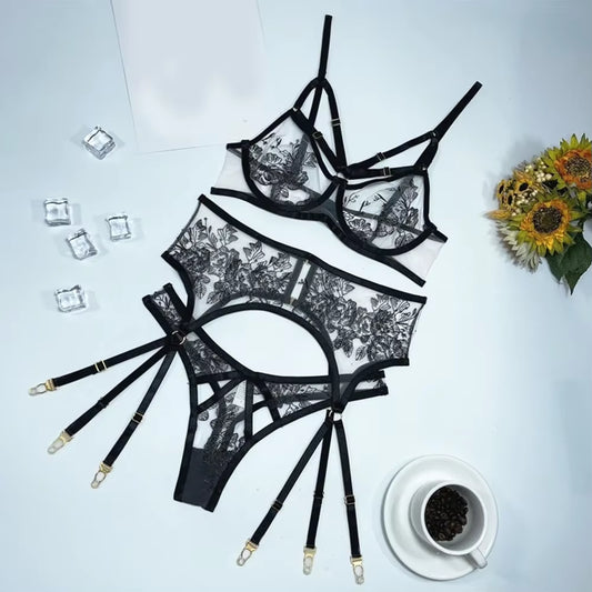 See-Through Bra Set for Women Patchwork Sexy Lingerie Flroal Black Bra Underwear Set Erotic Lingerie