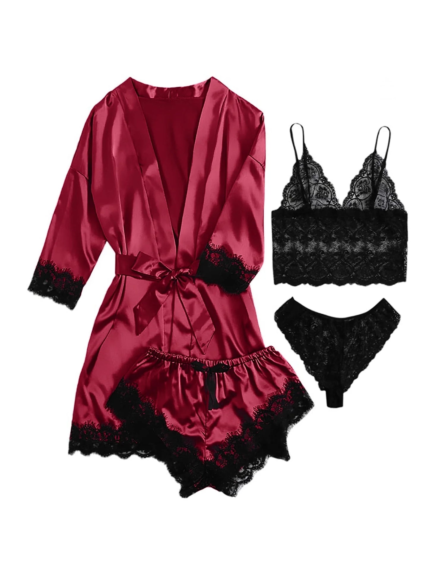 Sexy Lingerie,  Silk Satin Pajamas for Women, Womens Summer Pajamas Pjs Sets of 4 Pcs with Floral Lace Top Shorts and Robe, Gift for Women, Burgundy, L