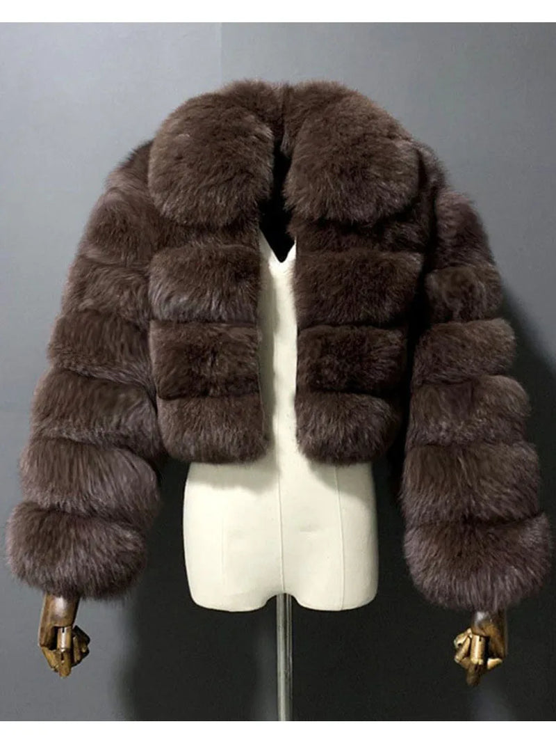 High Quality Cropped Fur Top FAUX Fox Fur Coat Woman Turn down Fur Collar Winter Fur Coats Woman Clothes Fluffy Jacket