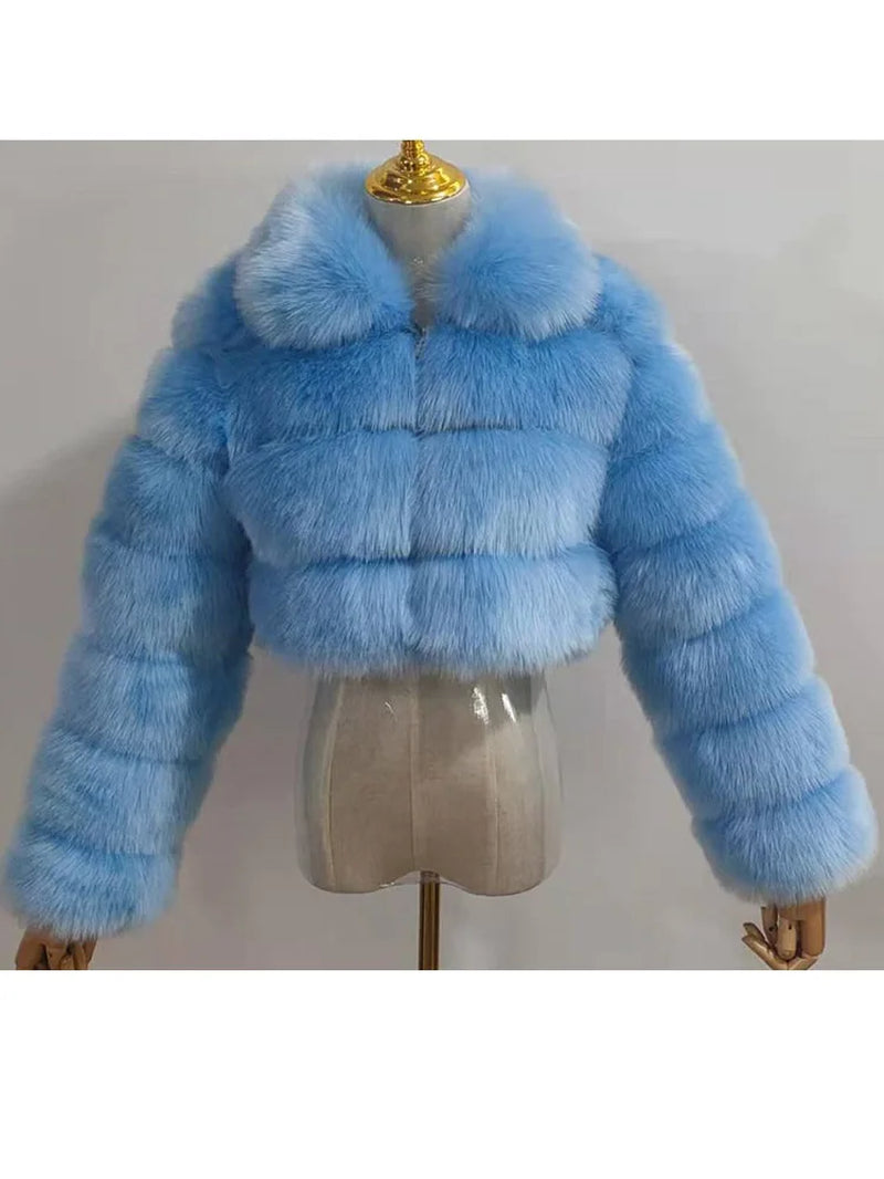 High Quality Cropped Fur Top FAUX Fox Fur Coat Woman Turn down Fur Collar Winter Fur Coats Woman Clothes Fluffy Jacket