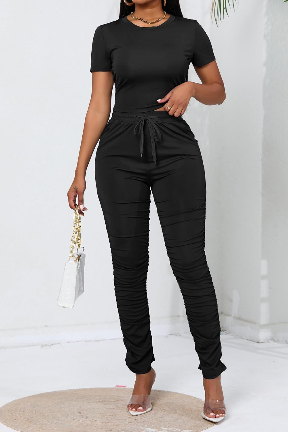 Women'S 2 Piece Outfits Bodycon Lounge Wear Crop Top Stacked Pants Going Out Jogging Tracksuit Sets