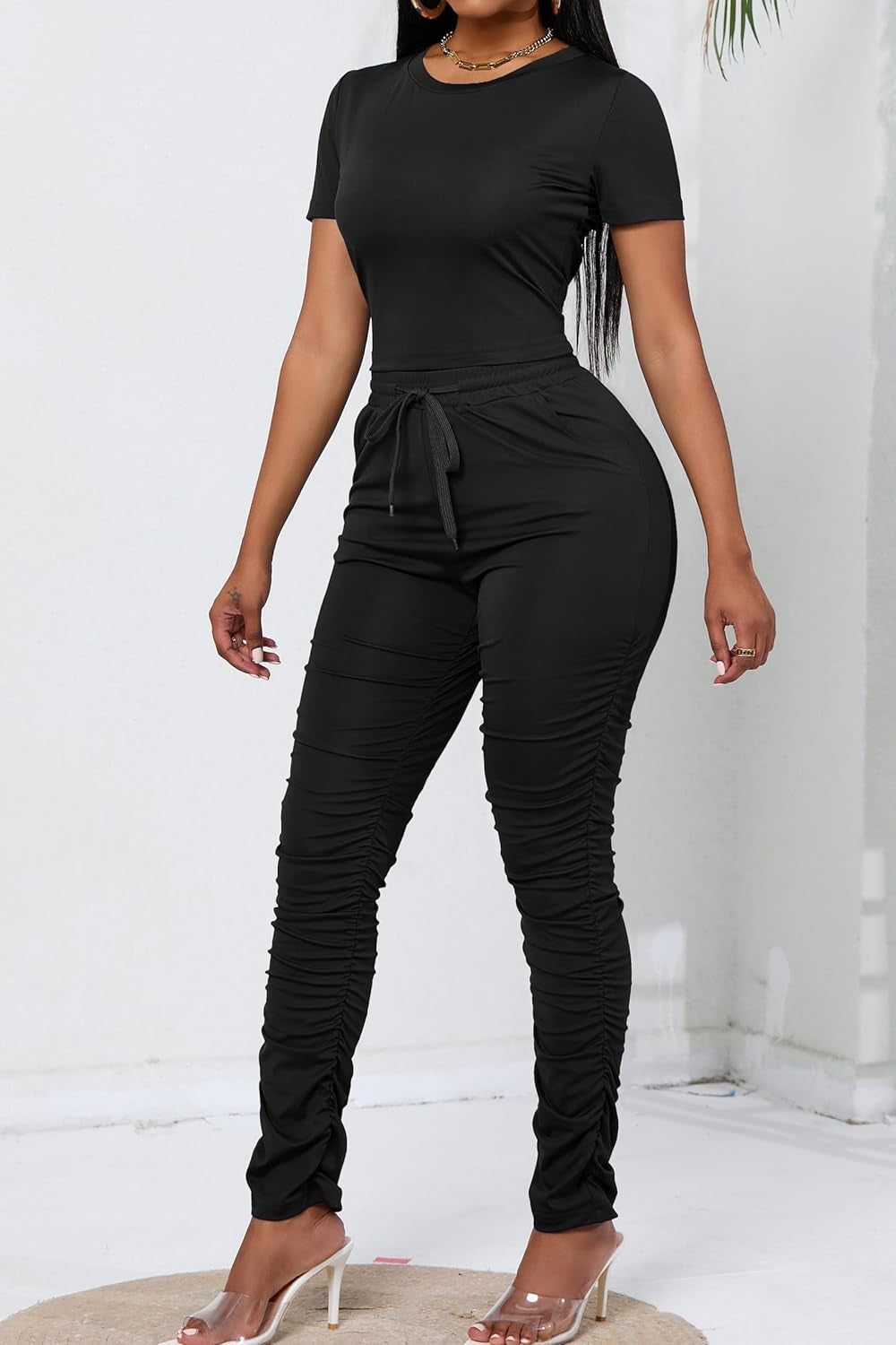 Women'S 2 Piece Outfits Bodycon Lounge Wear Crop Top Stacked Pants Going Out Jogging Tracksuit Sets