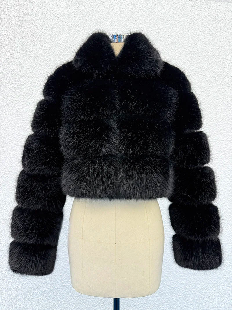High Quality Cropped Fur Top FAUX Fox Fur Coat Woman Turn down Fur Collar Winter Fur Coats Woman Clothes Fluffy Jacket