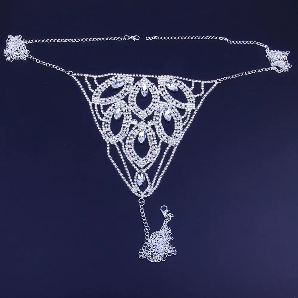 Sexy Leaf Underwear Body Chain Crystal Thong Bikini Jewelry for Women Luxury Bling Rhinestone Panties Lingerie Waist Chain