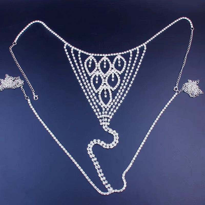 Sexy Leaf Underwear Body Chain Crystal Thong Bikini Jewelry for Women Luxury Bling Rhinestone Panties Lingerie Waist Chain