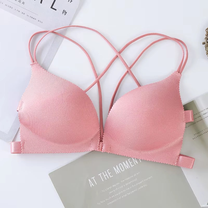 Women Front Buckle Wrapped Push up Bra Sexy Lingerie Beauty Back Bralettes Breathable Wireless Cross Shoulder Straps Brassiere