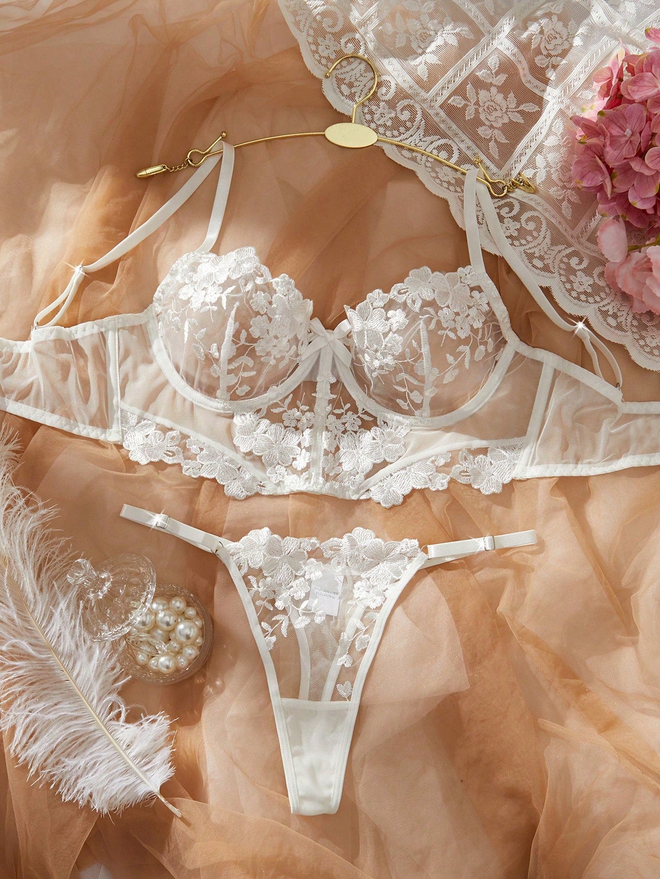 Valentine'S Day Lingerie for Women, Wedding Lingerie, Romantic White Floral Embroidered Sexy Lingerie Set, Sexy Outfits for Women, 2Piece Sets Sheer Underwire Bra and Adjustable Thong, Bold Feminine Charm Outfit,Bra and Panty Set, Beautiful Shapewear and Daily Bra,Lenceria Sexy Para Mujer