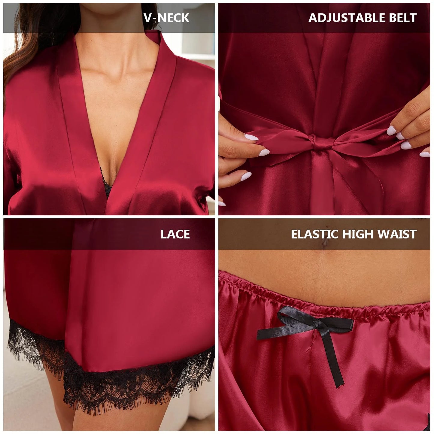 Sexy Lingerie,  Silk Satin Pajamas for Women, Womens Summer Pajamas Pjs Sets of 4 Pcs with Floral Lace Top Shorts and Robe, Gift for Women, Burgundy, L