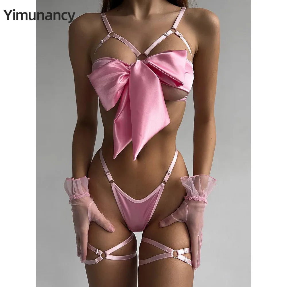 3-Piece Cut Out Bow Lingerie Set 4 Colors Satin Cute Erotic Set Solid Brief Underwear Set Nightwear