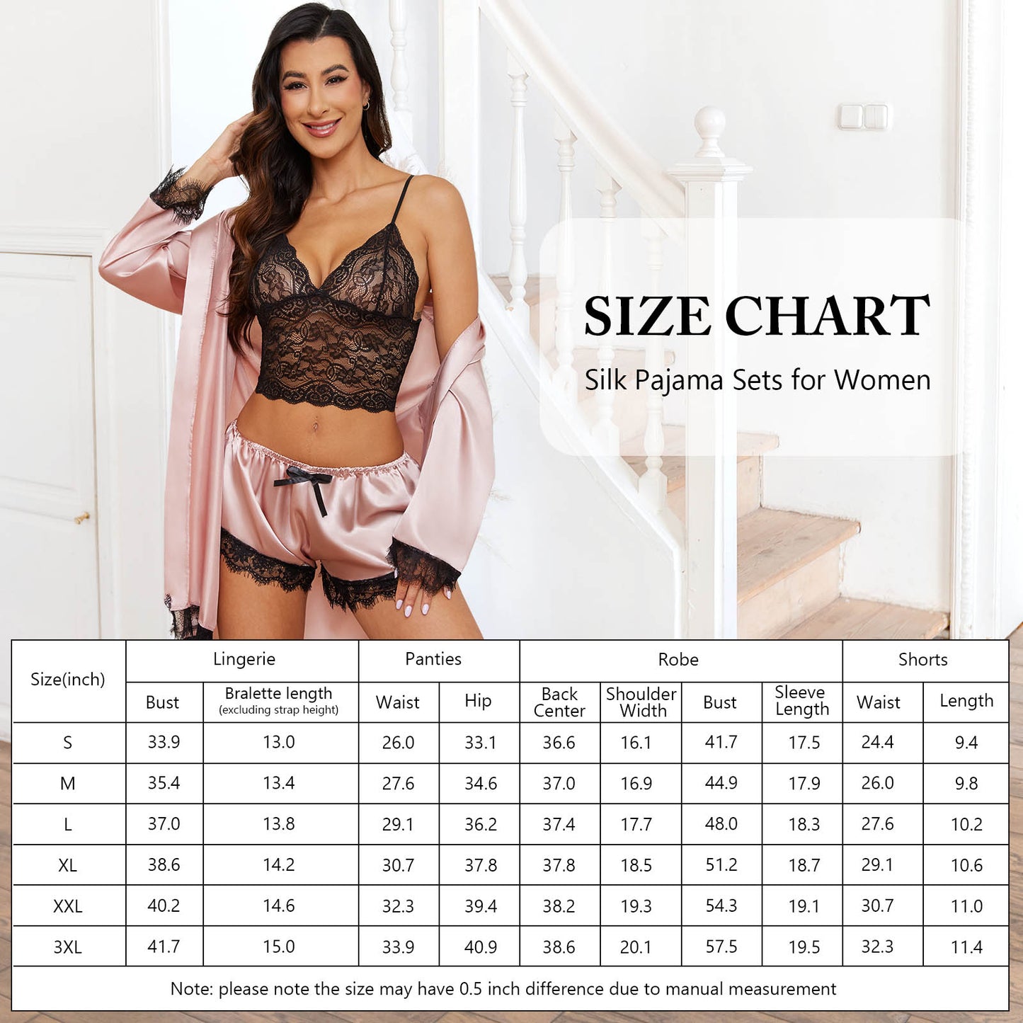 Sexy Lingerie,  Silk Satin Pajamas for Women, Womens Summer Pajamas Pjs Sets of 4 Pcs with Floral Lace Top Shorts and Robe, Gift for Women, Burgundy, L