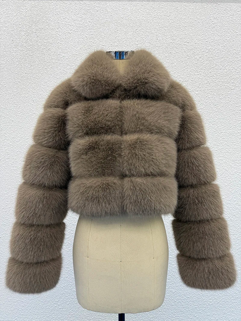 High Quality Cropped Fur Top FAUX Fox Fur Coat Woman Turn down Fur Collar Winter Fur Coats Woman Clothes Fluffy Jacket