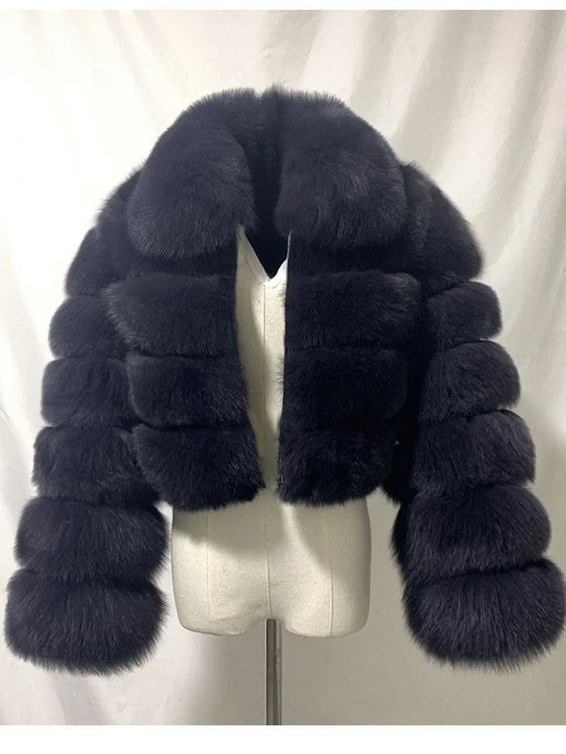 High Quality Cropped Fur Top FAUX Fox Fur Coat Woman Turn down Fur Collar Winter Fur Coats Woman Clothes Fluffy Jacket