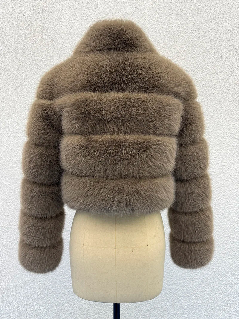 High Quality Cropped Fur Top FAUX Fox Fur Coat Woman Turn down Fur Collar Winter Fur Coats Woman Clothes Fluffy Jacket