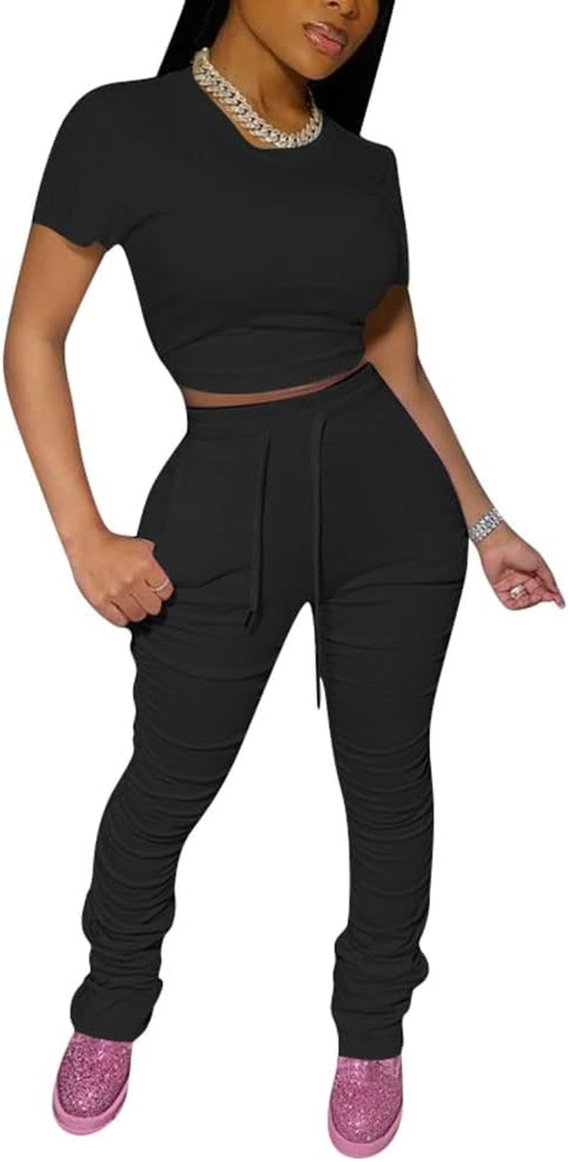 Women'S 2 Piece Outfits Bodycon Lounge Wear Crop Top Stacked Pants Going Out Jogging Tracksuit Sets