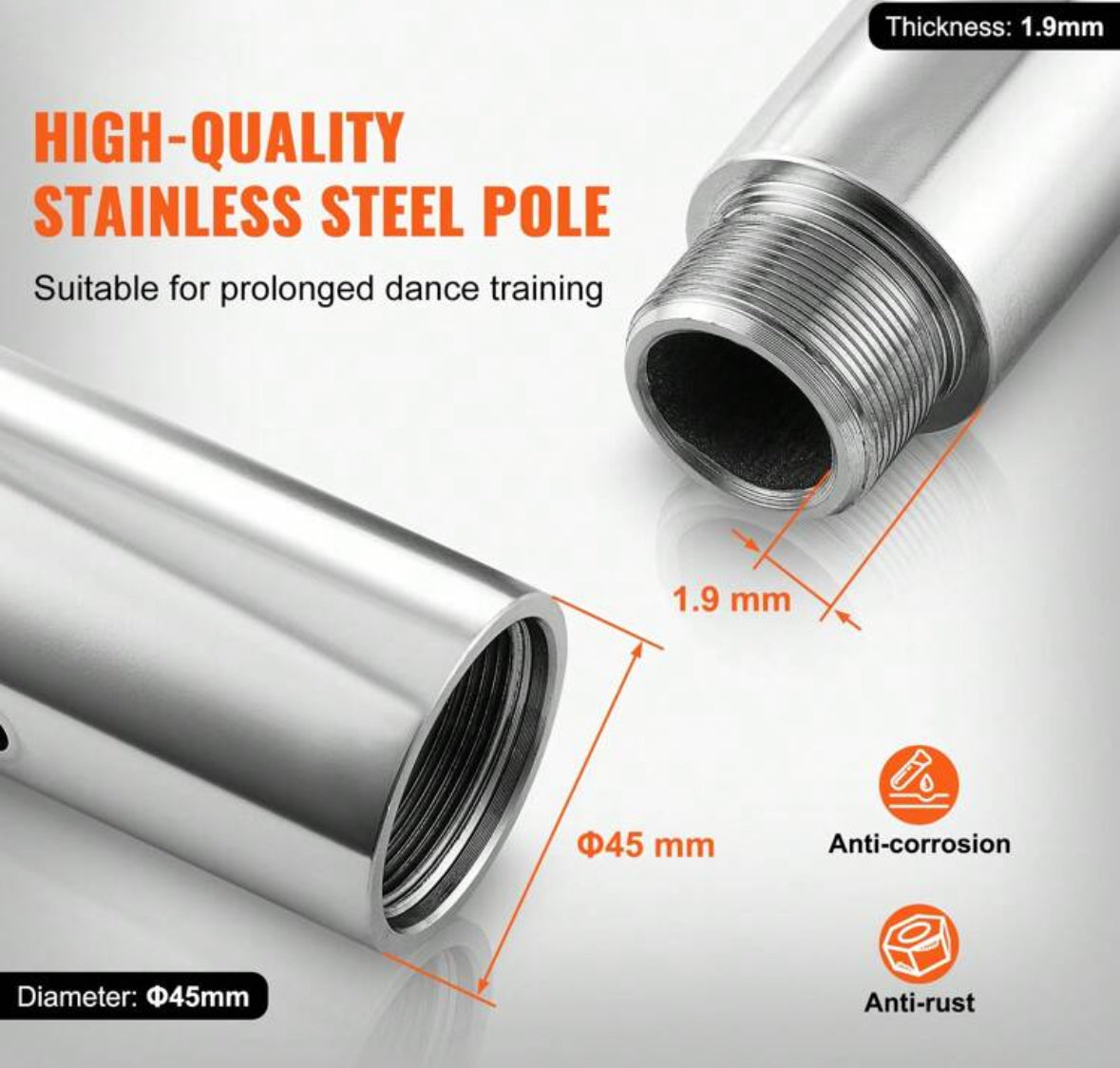 85-106in Silver Professional Dancing Pole, Spinning Static Dancing Pole Kit, Portable Removable Pole, 45mm Heavy-Duty Stainless Steel Pole, Height Adjustable Fitness Pole, For Exercise Home Club Gym, Silver