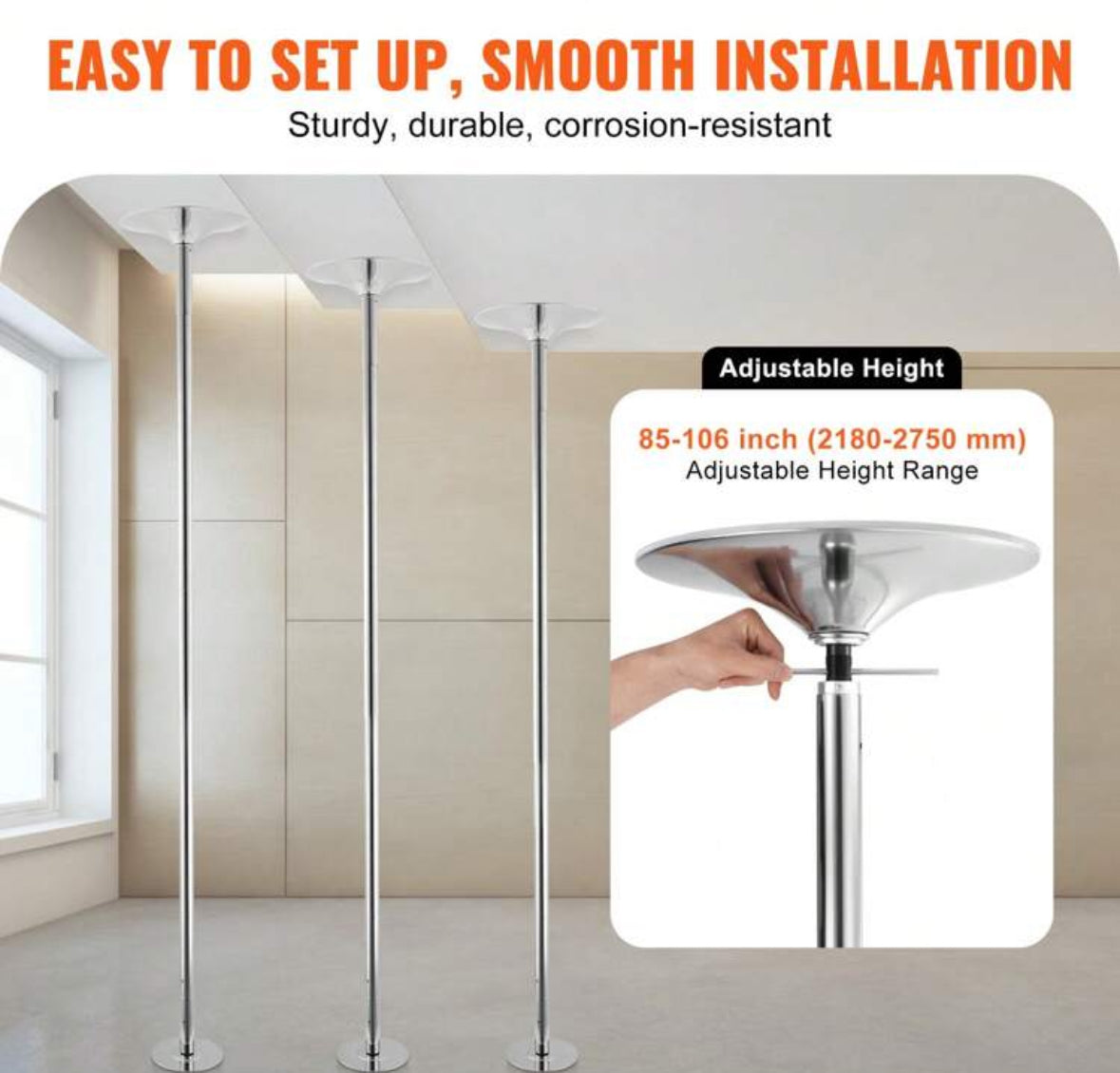 85-106in Silver Professional Dancing Pole, Spinning Static Dancing Pole Kit, Portable Removable Pole, 45mm Heavy-Duty Stainless Steel Pole, Height Adjustable Fitness Pole, For Exercise Home Club Gym, Silver