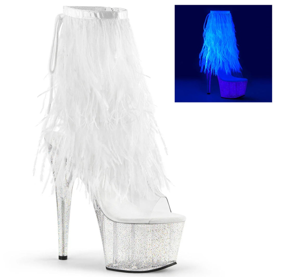 Clear-white- marabou fur fringe ankle boot side zip