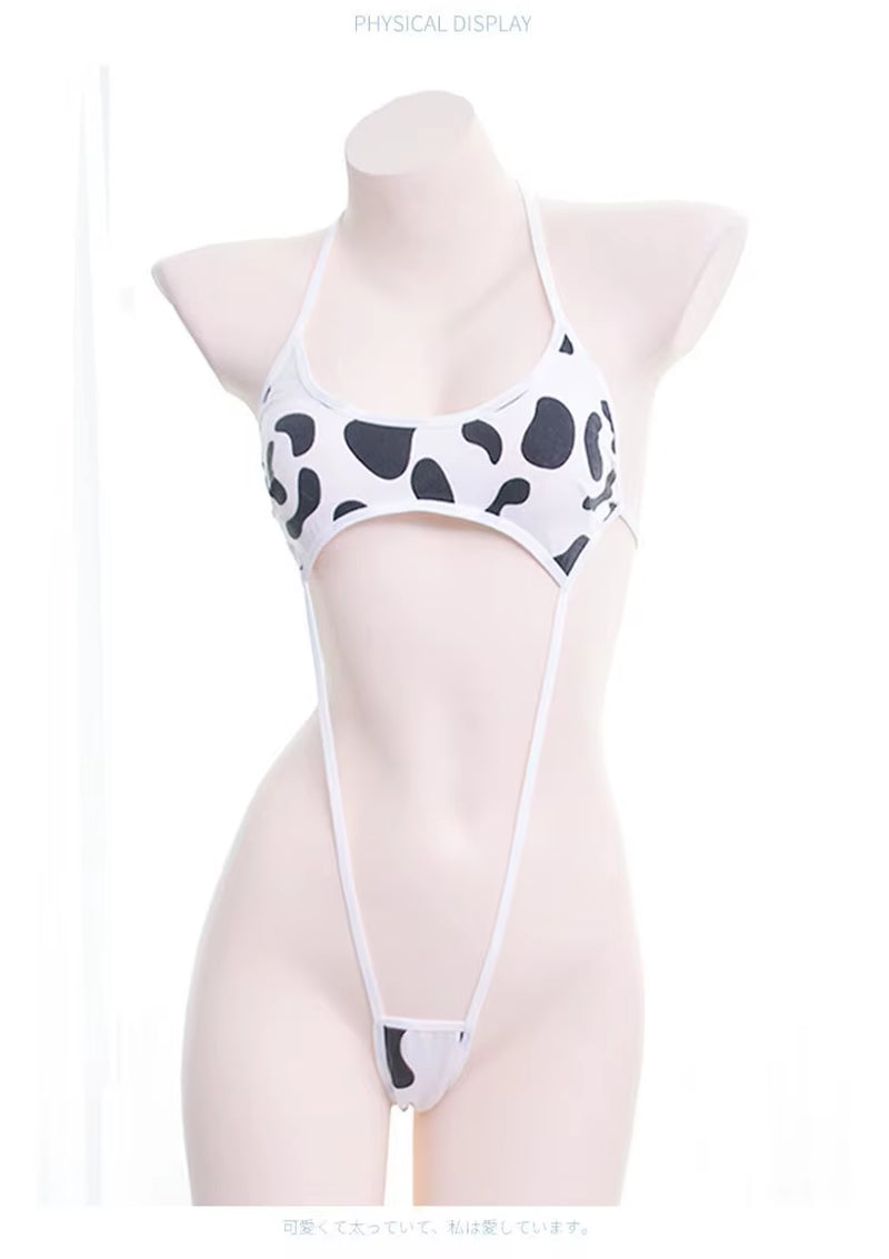 Kawaii Cosplay Cow Print Mini Backless One Piece Micro Bikini Jumpsuit Erotic Sex Costumes Bodysuit for Women Sexy Lingerie
