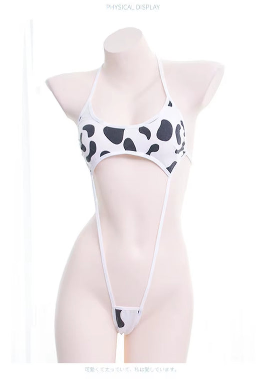 Kawaii Cosplay Cow Print Mini Backless One Piece Micro Bikini Jumpsuit Erotic Sex Costumes Bodysuit for Women Sexy Lingerie