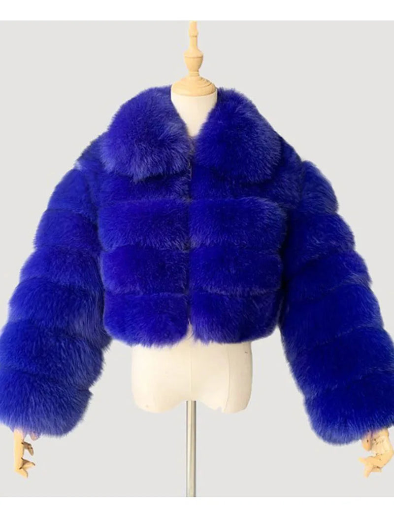 High Quality Cropped Fur Top FAUX Fox Fur Coat Woman Turn down Fur Collar Winter Fur Coats Woman Clothes Fluffy Jacket