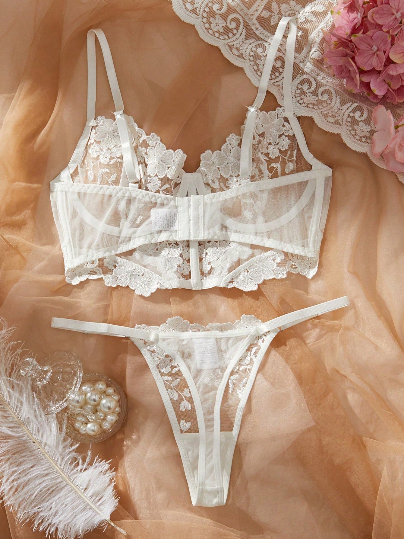 Valentine'S Day Lingerie for Women, Wedding Lingerie, Romantic White Floral Embroidered Sexy Lingerie Set, Sexy Outfits for Women, 2Piece Sets Sheer Underwire Bra and Adjustable Thong, Bold Feminine Charm Outfit,Bra and Panty Set, Beautiful Shapewear and Daily Bra,Lenceria Sexy Para Mujer