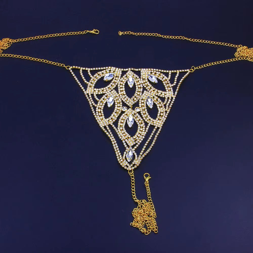 Sexy Leaf Underwear Body Chain Crystal Thong Bikini Jewelry for Women Luxury Bling Rhinestone Panties Lingerie Waist Chain