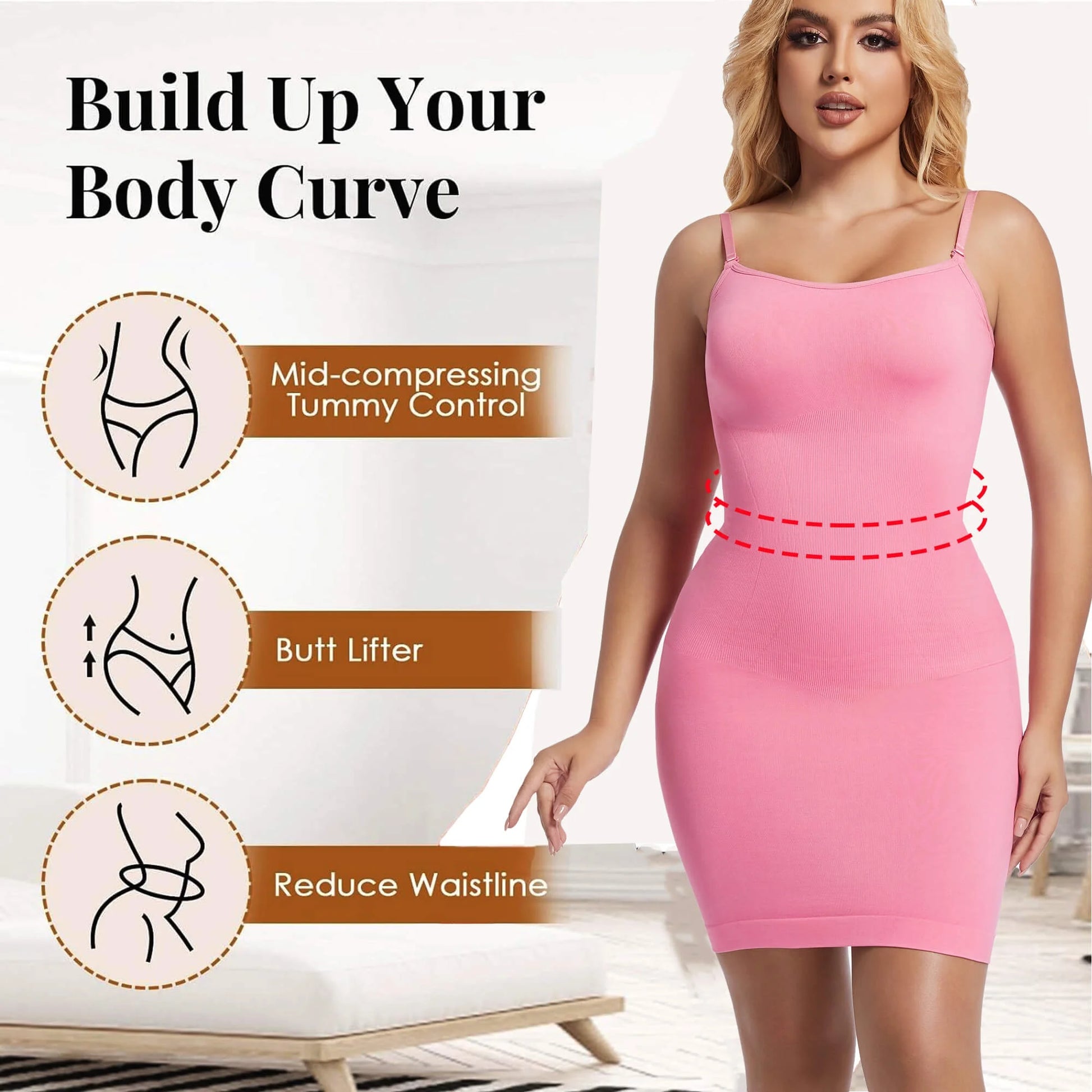 round Neck Shapewear Slip for Women Tummy Control Body Shaper under Dress Seamless Lingerie with Adjustable Straps