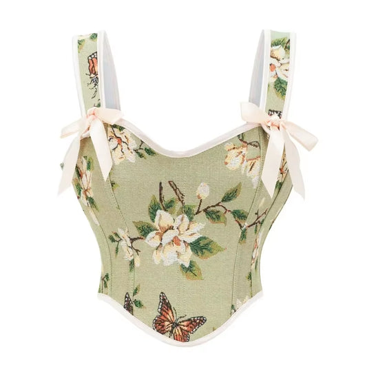 Vintage Women Bustier Vest Corset Sexy Lace-Up Floral Print Crop Top Fashion Backless Lingerie Camisole Corselet plus Size