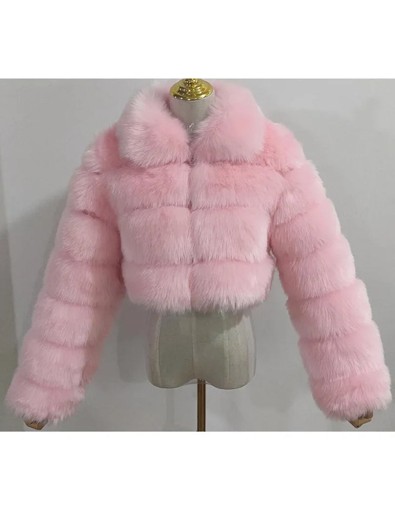 High Quality Cropped Fur Top FAUX Fox Fur Coat Woman Turn down Fur Collar Winter Fur Coats Woman Clothes Fluffy Jacket