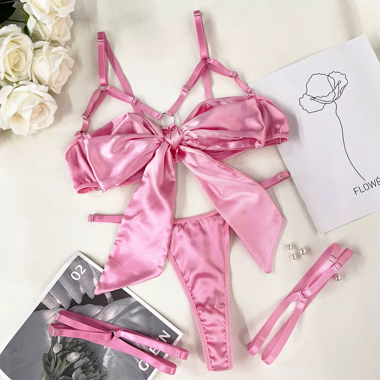 3-Piece Cut Out Bow Lingerie Set 4 Colors Satin Cute Erotic Set Solid Brief Underwear Set Nightwear