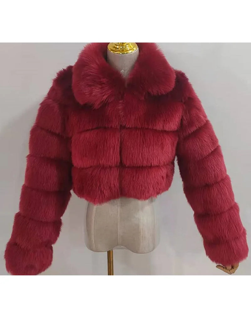 High Quality Cropped Fur Top FAUX Fox Fur Coat Woman Turn down Fur Collar Winter Fur Coats Woman Clothes Fluffy Jacket