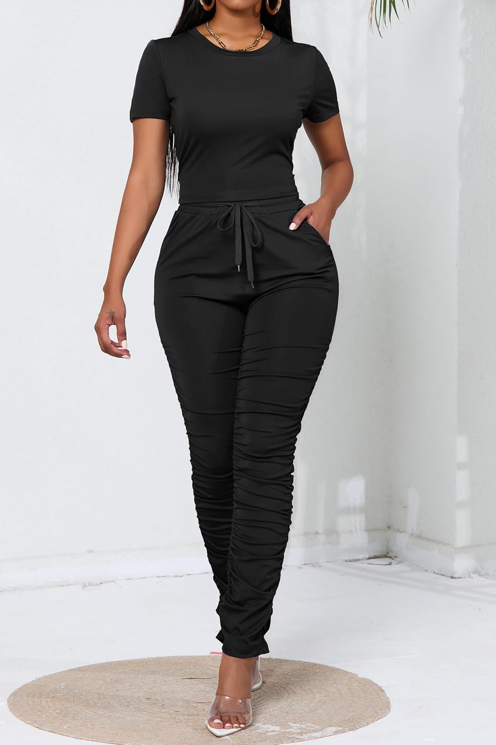 Women'S 2 Piece Outfits Bodycon Lounge Wear Crop Top Stacked Pants Going Out Jogging Tracksuit Sets