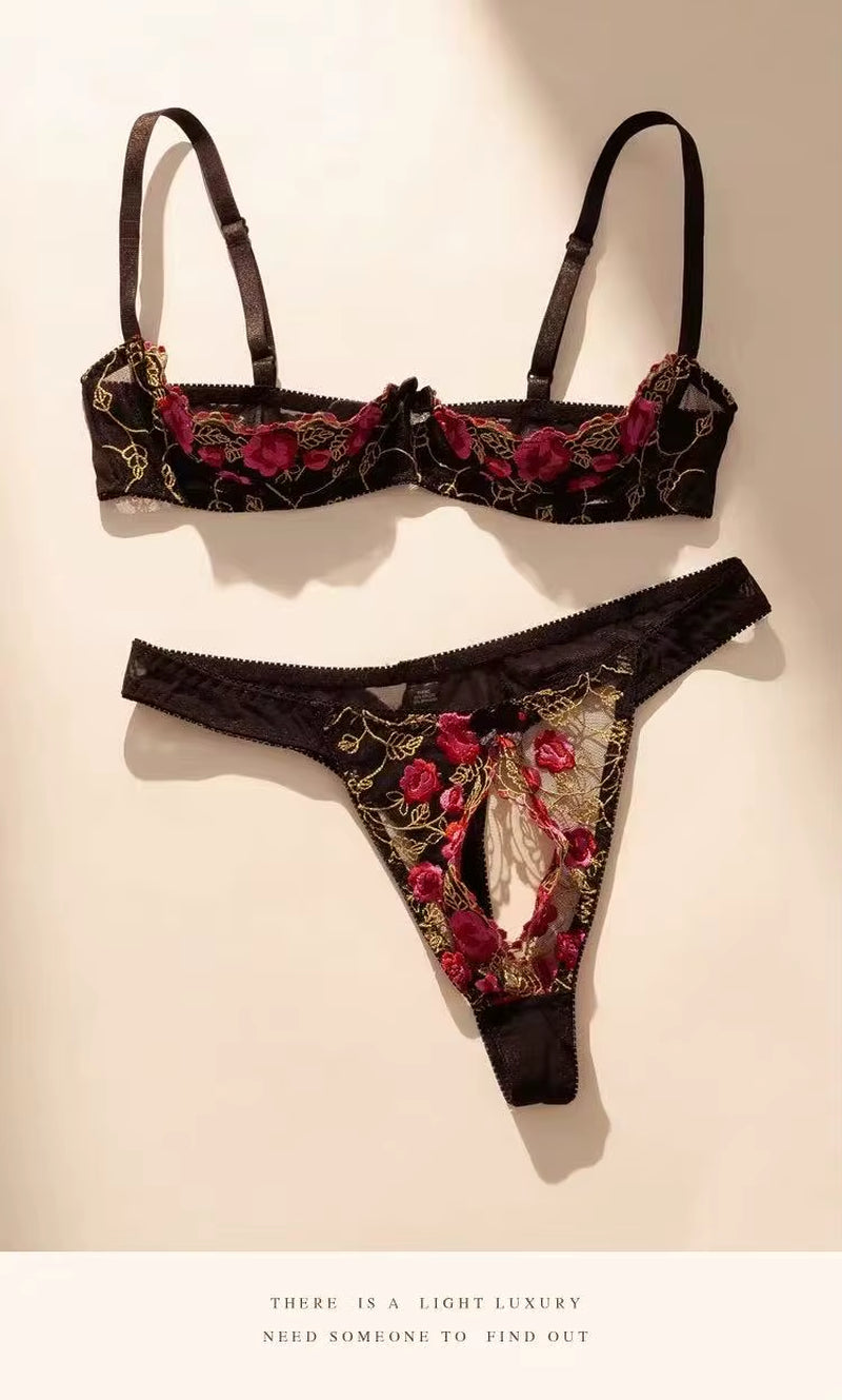 Women Sexy Underwear Exquisite Embroidery Flower Push up Open Bra Crotch Panty Set Temptation Cupless Thong Lingerie Set