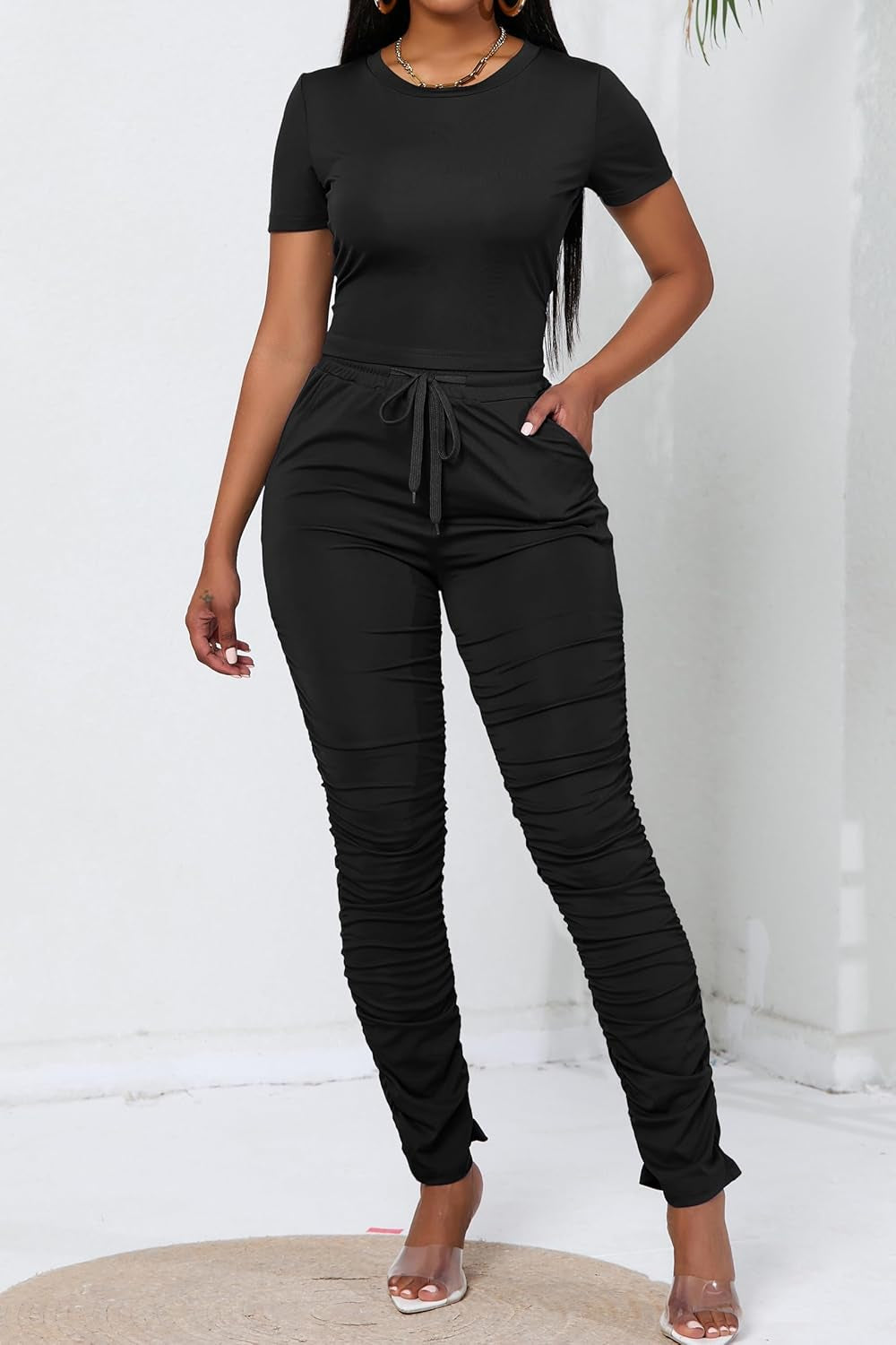 Women'S 2 Piece Outfits Bodycon Lounge Wear Crop Top Stacked Pants Going Out Jogging Tracksuit Sets