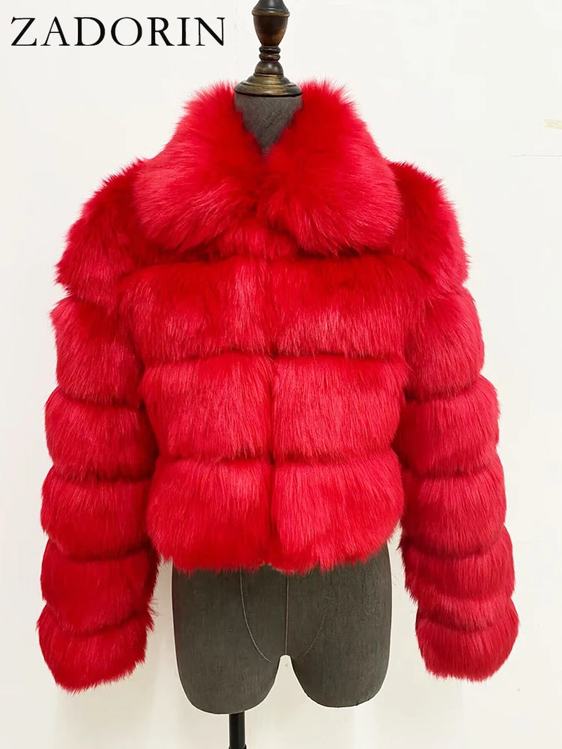 High Quality Cropped Fur Top FAUX Fox Fur Coat Woman Turn down Fur Collar Winter Fur Coats Woman Clothes Fluffy Jacket