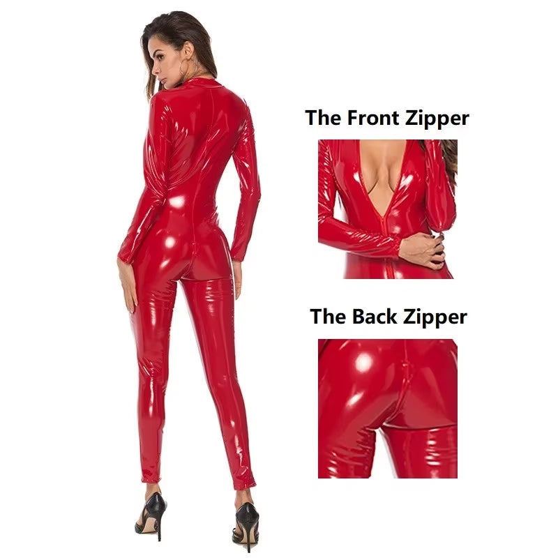 Erotic Wetlook Leather Long Sleeve Open Crotch PVC Bodysuit Double Zipper Sexy Lingerie Latex Catsuit Fetish Wear Sexy Costumes
