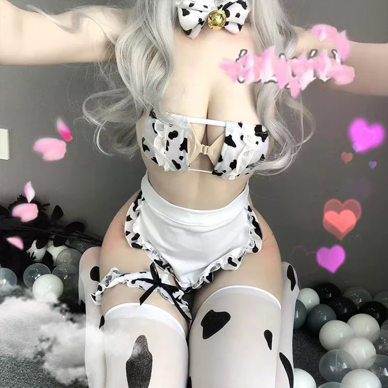 Japanese Anime Cos Cow Cosplay Costume Sexy Lingerie Maid Uniform Girls Cute Lolita Bra and Panty Set with Stockings