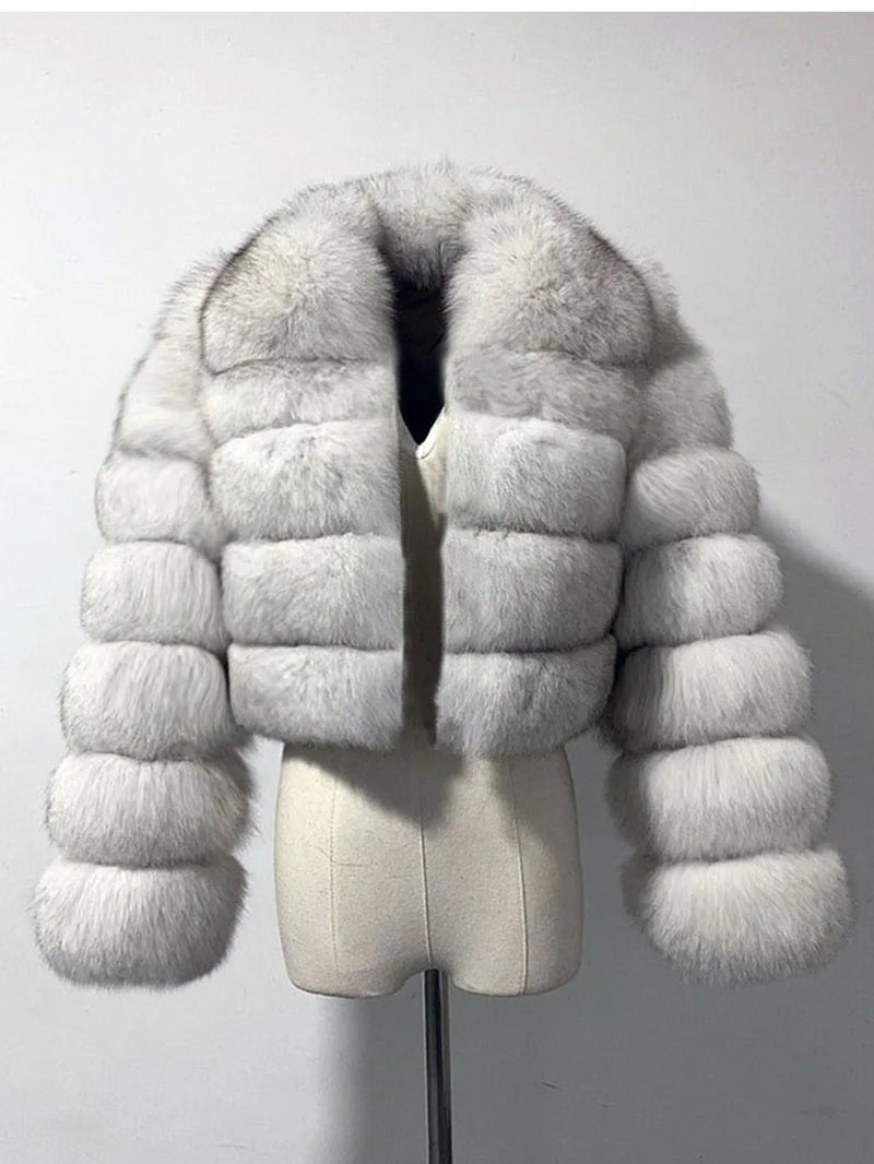 High Quality Cropped Fur Top FAUX Fox Fur Coat Woman Turn down Fur Collar Winter Fur Coats Woman Clothes Fluffy Jacket